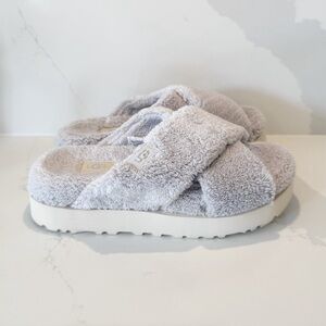 UGG Women's Fuzz Sugar Terry Cross Metal Grey Slide Slippers